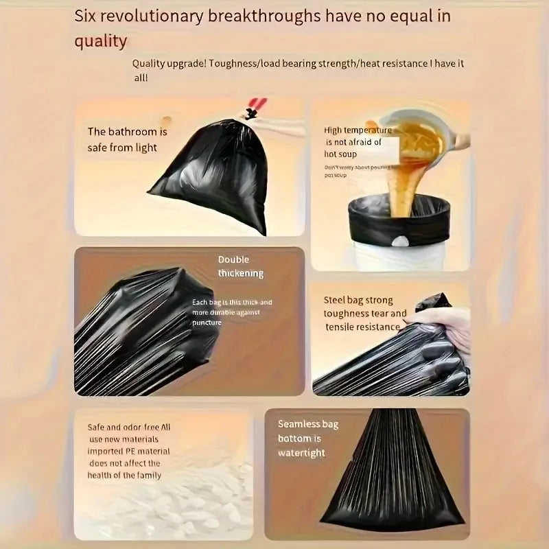 Black Drawstring Trash Bags - Leak-Proof Kitchen and Bathroom Garbage Bags