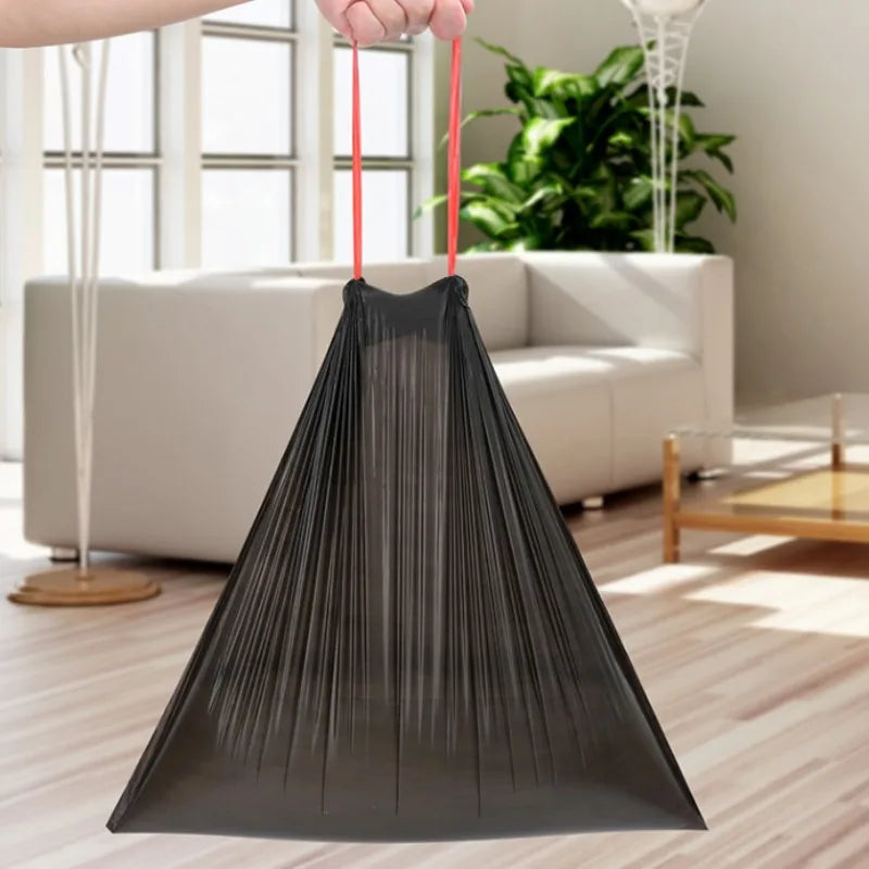 Black Drawstring Trash Bags - Leak-Proof Kitchen and Bathroom Garbage Bags
